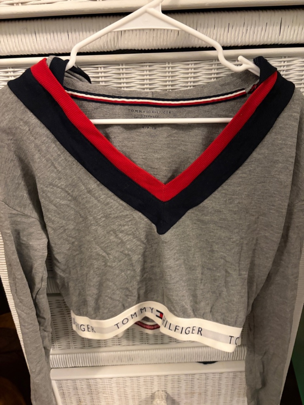 Tommy Hilfiger Gray Crop V-Neck Sweater with Red & Navy Trim